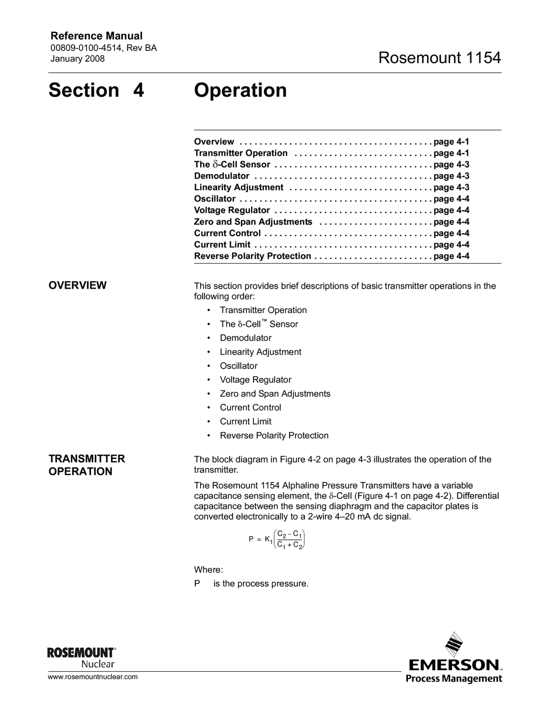 Emerson 1154, 00809-0100-4514 manual Overview Transmitter Operation, Section, Rosemount, Reference Manual 