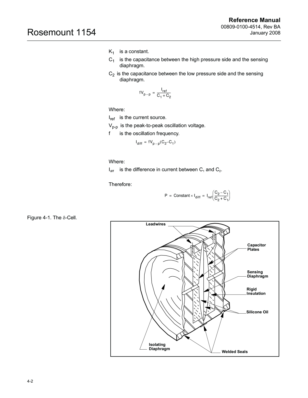 Emerson 00809-0100-4514, 1154 Rosemount, Reference Manual, P =, Constant ×, ⎛ C 2 - C 1⎞, Leadwires Isolating Diaphragm 