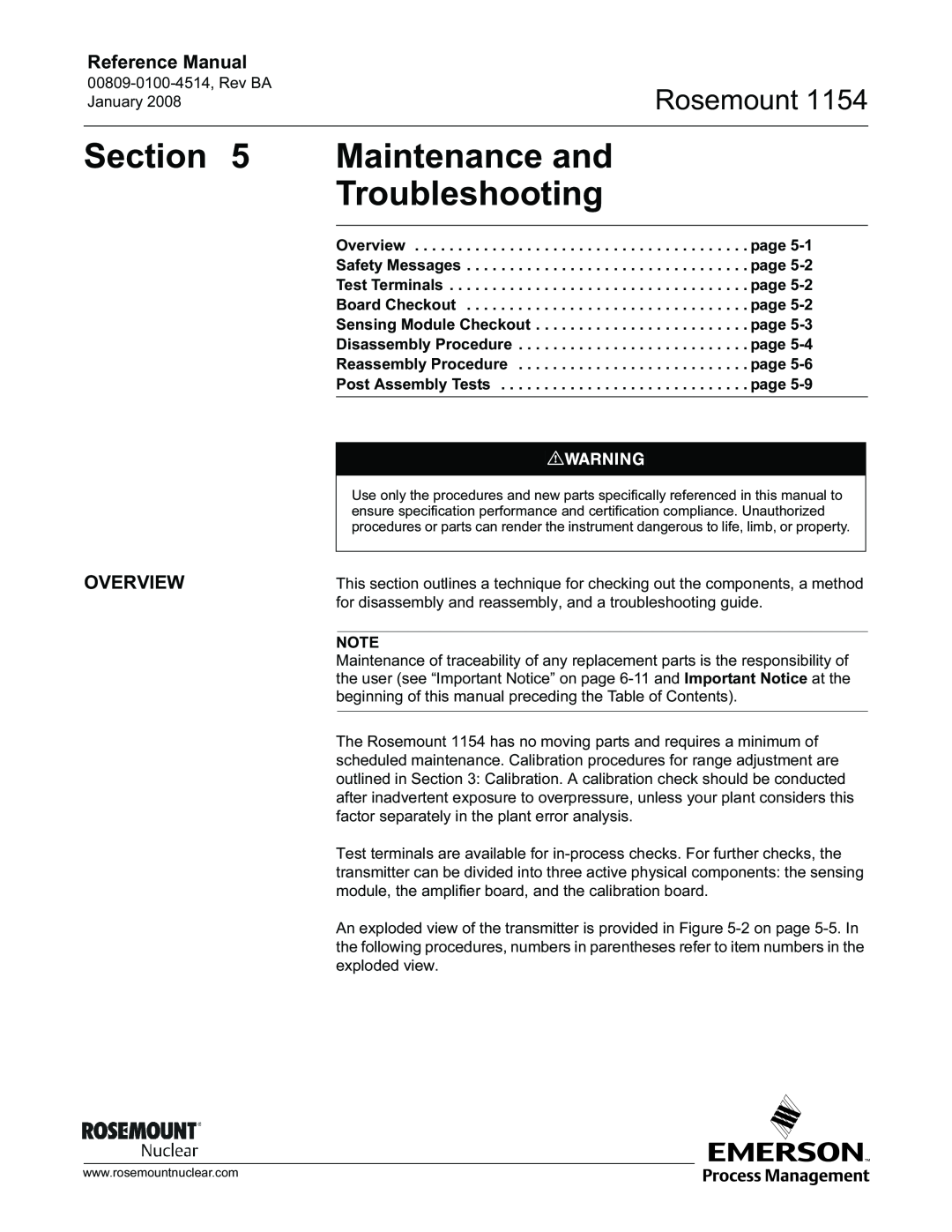 Emerson 1154, 00809-0100-4514 manual Maintenance and Troubleshooting, Overview, Rosemount, Reference Manual 