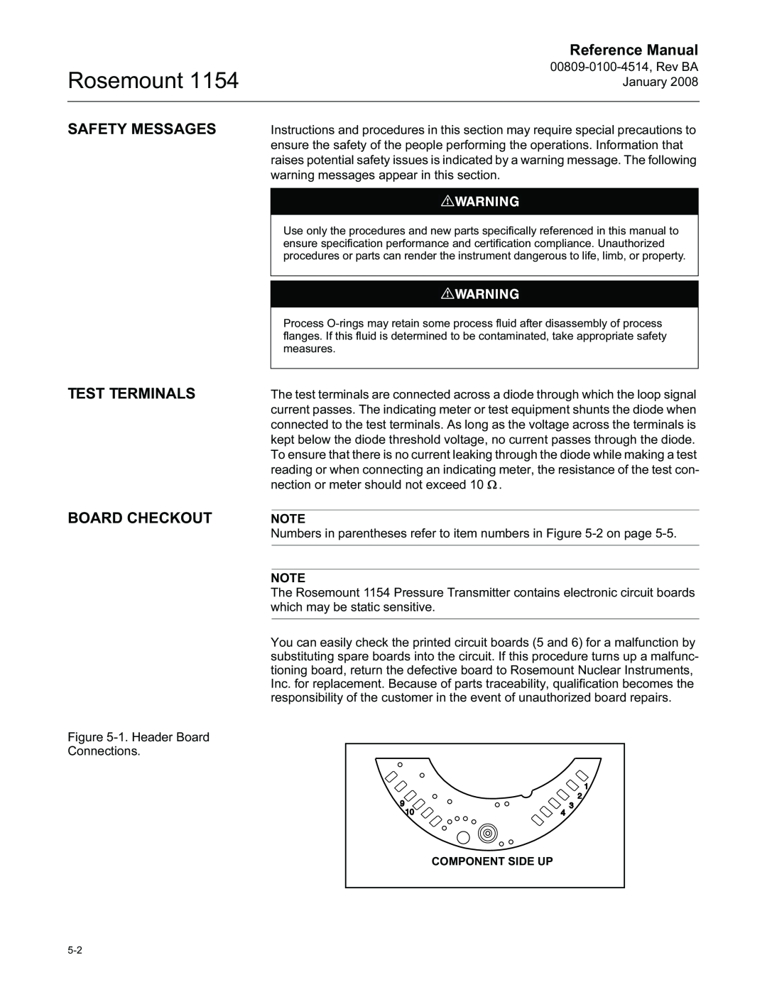 Emerson 00809-0100-4514 Safety Messages, Test Terminals Board Checkout, Rosemount, Reference Manual, Component Side Up 