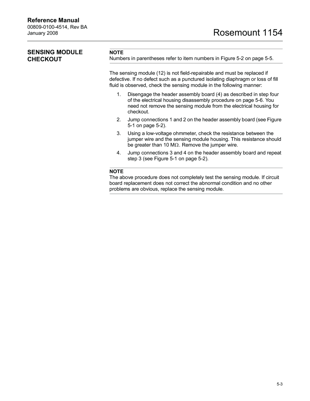 Emerson 1154, 00809-0100-4514 manual Sensing Module Checkout, Rosemount, Reference Manual 