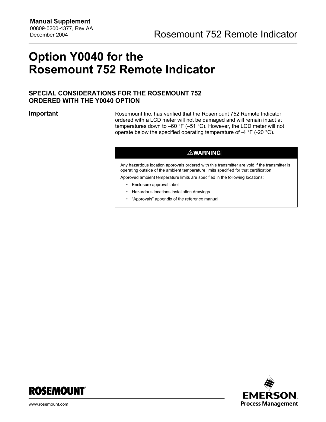 Emerson 00809-0200-4377 appendix Option Y0040 for Rosemount 752 Remote Indicator 