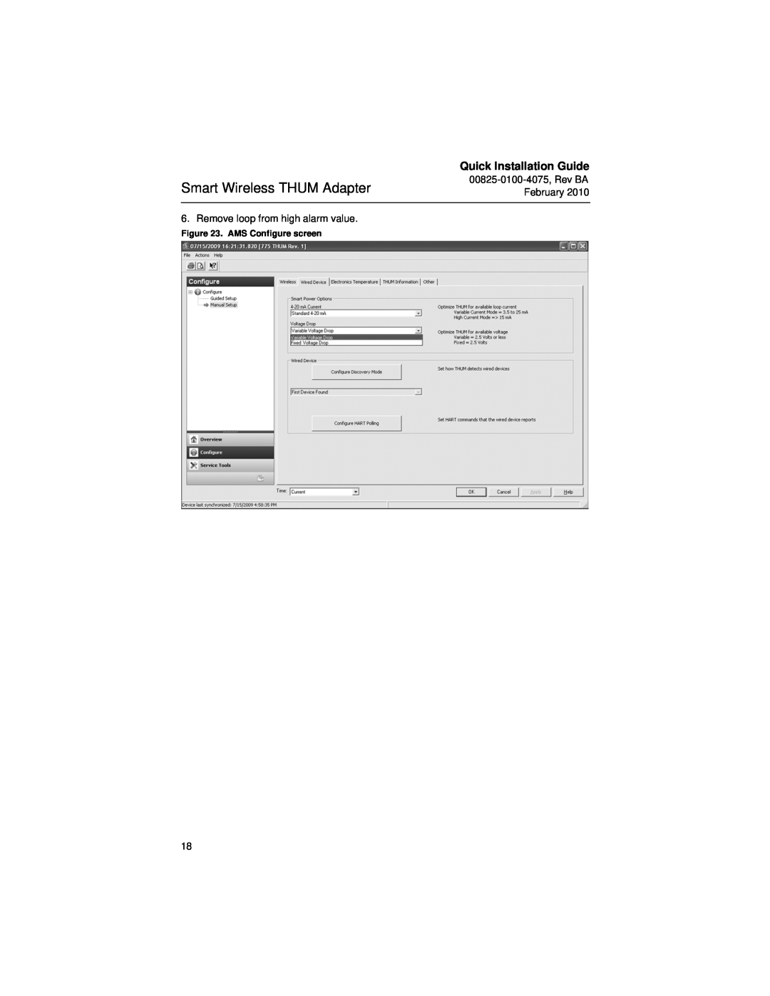 Emerson 00825-0100-4075 manual Smart Wireless THUM Adapter, Quick Installation Guide, AMS Configure screen 
