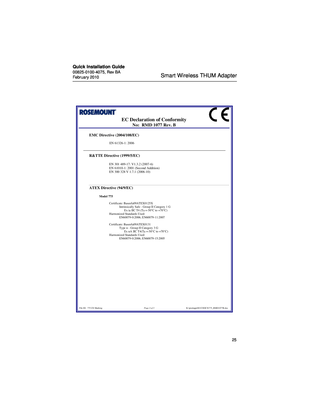 Emerson 00825-0100-4075 EC Declaration of Conformity, Smart Wireless THUM Adapter, Quick Installation Guide, En, EN 300 