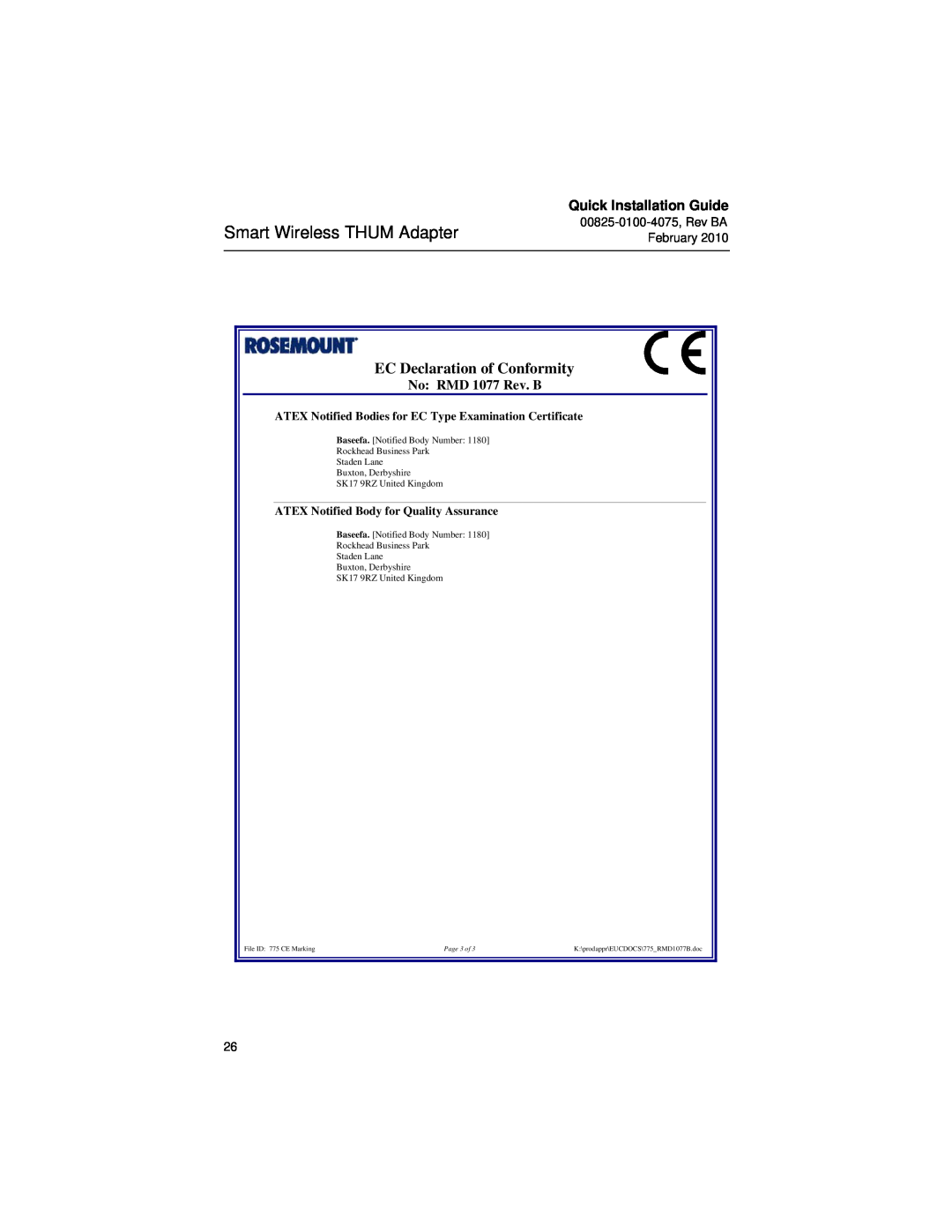 Emerson 00825-0100-4075 manual Smart Wireless THUM Adapter, EC Declaration of Conformity, Quick Installation Guide 