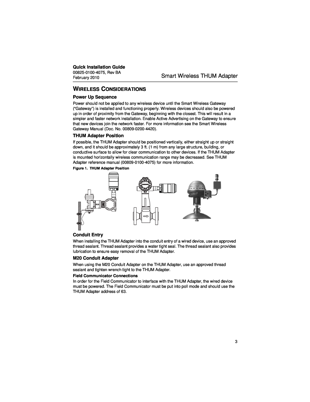 Emerson 00825-0100-4075 manual Wireless Considerations, Power Up Sequence, THUM Adapter Position, Conduit Entry 
