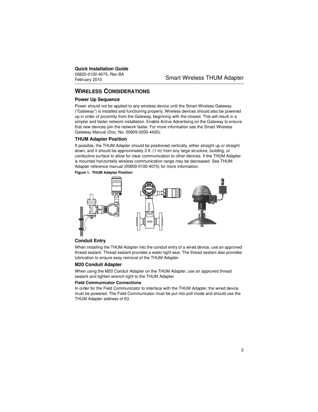 Emerson 00825-0100-4075 manual Wireless Considerations, Power Up Sequence, Thum Adapter Position, Conduit Entry 