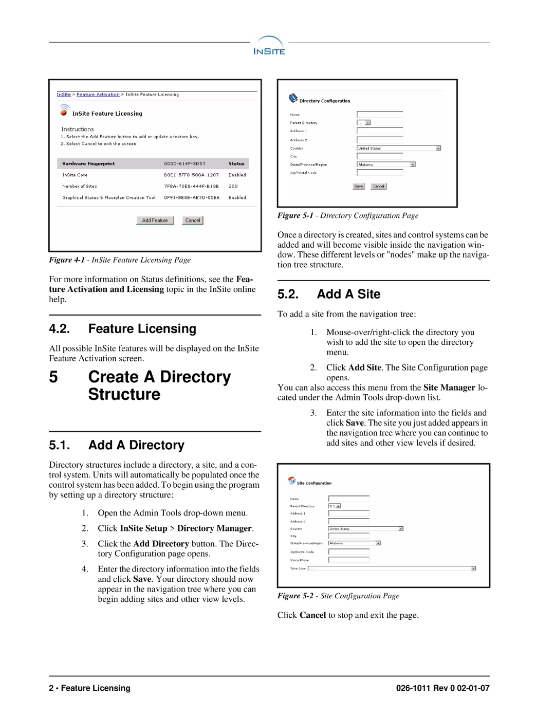 Emerson 026-1011 quick start Feature Licensing, Add a Directory, Add a Site 