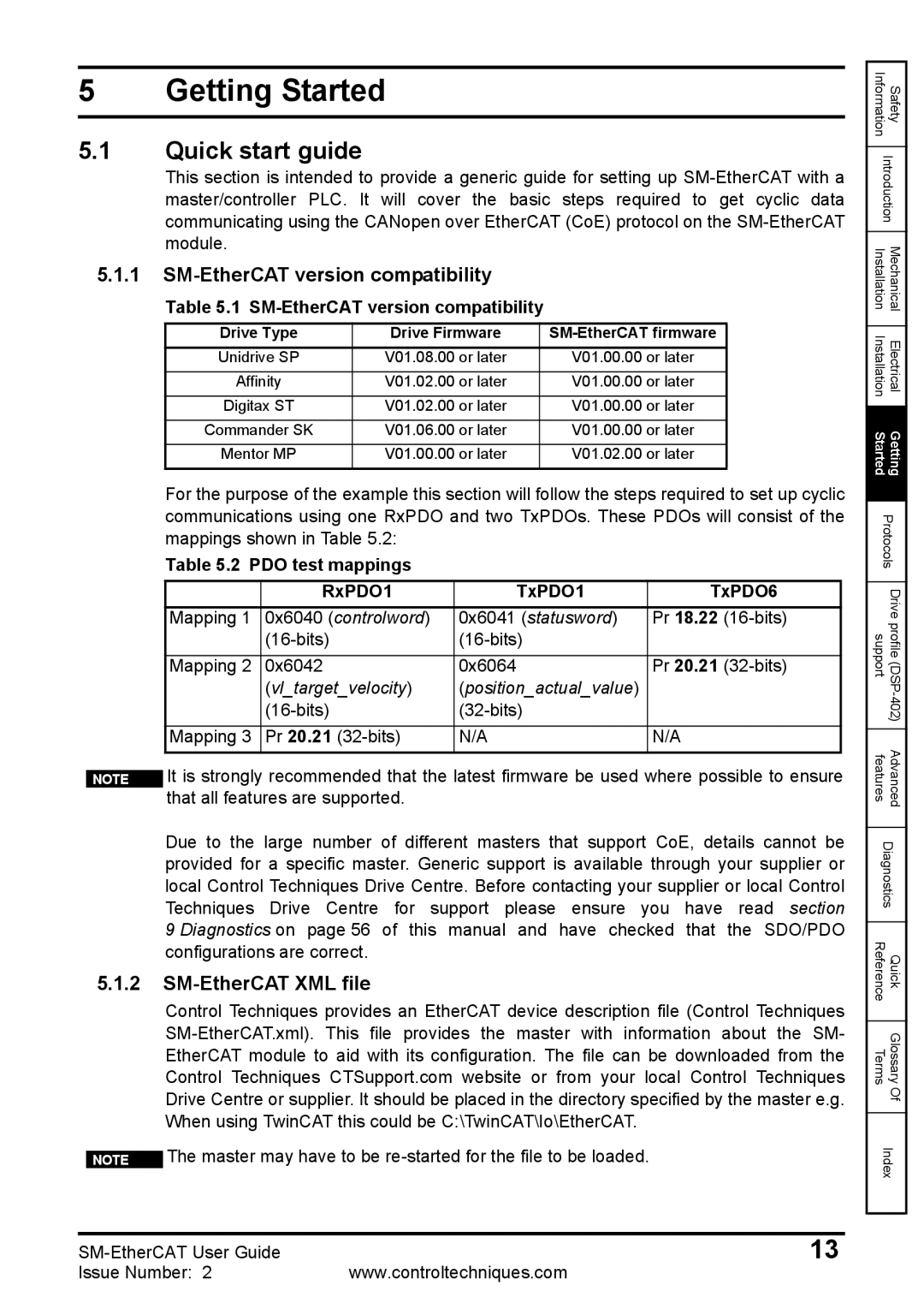 Emerson 0471-0128-02 manual Getting Started, Quick start guide, SM-EtherCAT version compatibility, SM-EtherCAT XML file 