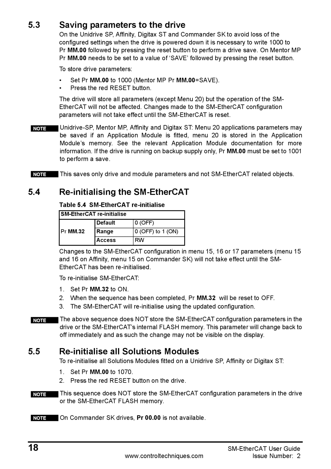 Emerson 0471-0128-02 Saving parameters to the drive, Re-initialising the SM-EtherCAT, Re-initialise all Solutions Modules 