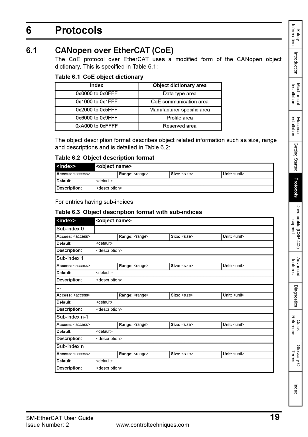 Emerson 0471-0128-02 manual Protocols, CANopen over EtherCAT CoE, CoE object dictionary, Object description format 