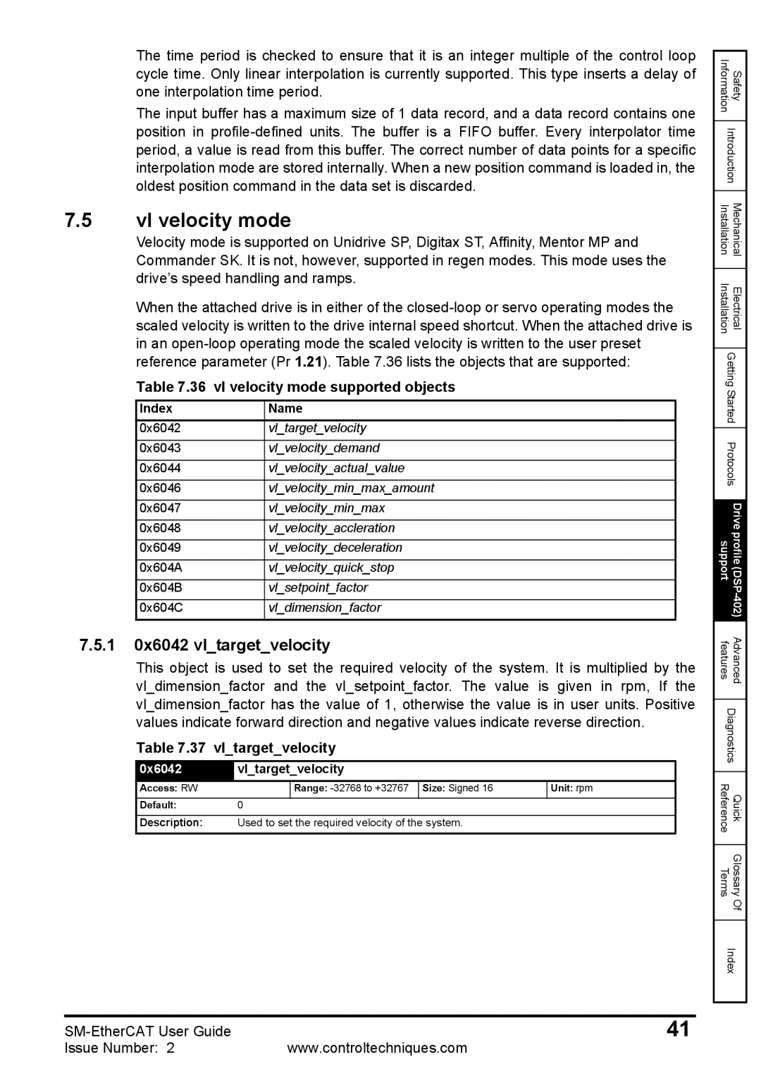 Emerson 0471-0128-02 manual Vl velocity mode, 1 0x6042 vltargetvelocity, vl velocity mode supported objects 