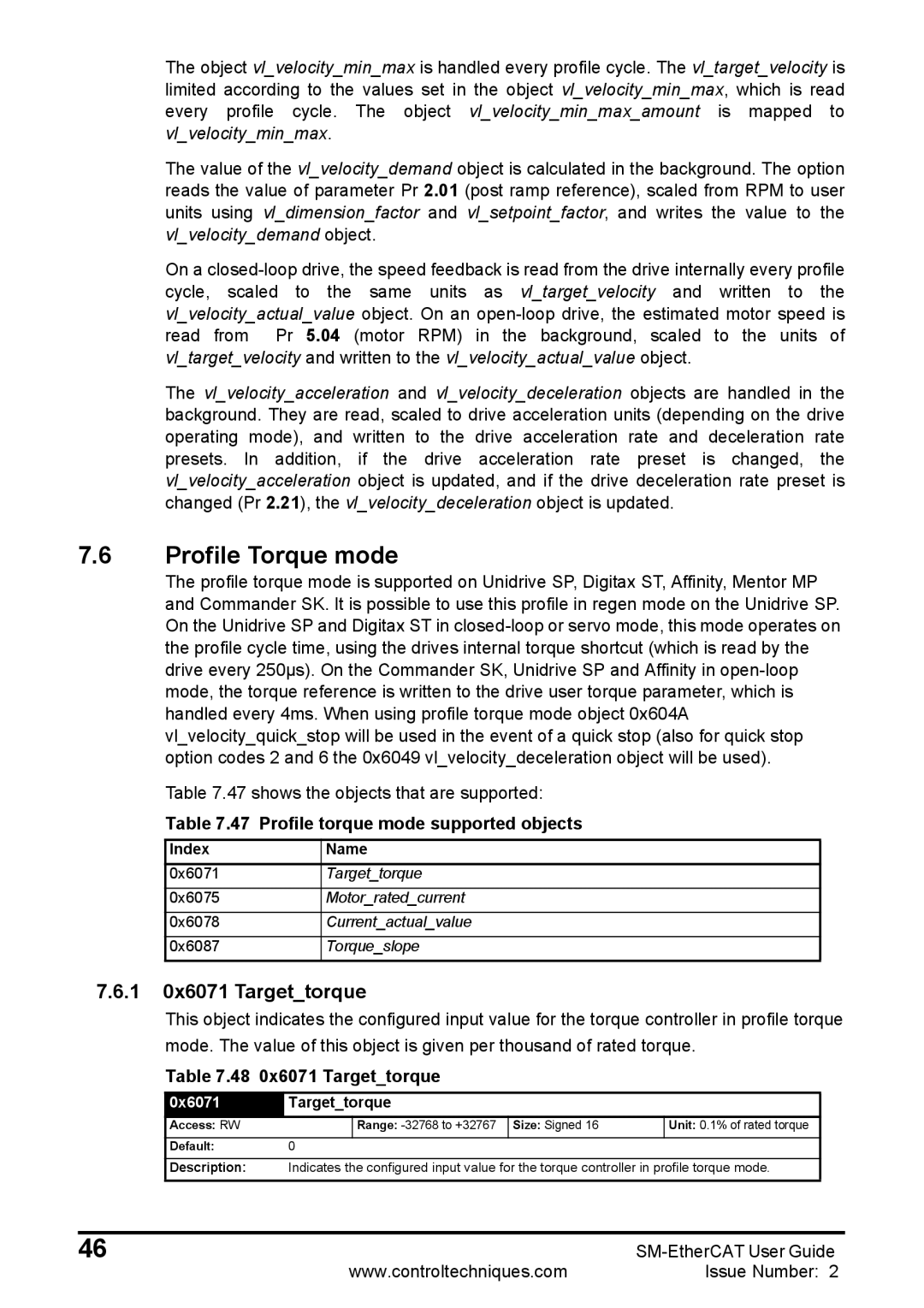 Emerson 0471-0128-02 manual Profile Torque mode, 1 0x6071 Targettorque, Profile torque mode supported objects 