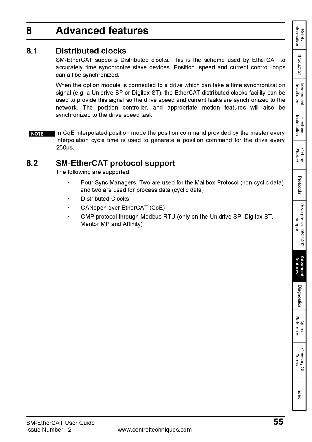 Emerson 0471-0128-02 manual Advanced features, Distributed clocks, SM-EtherCAT protocol support 