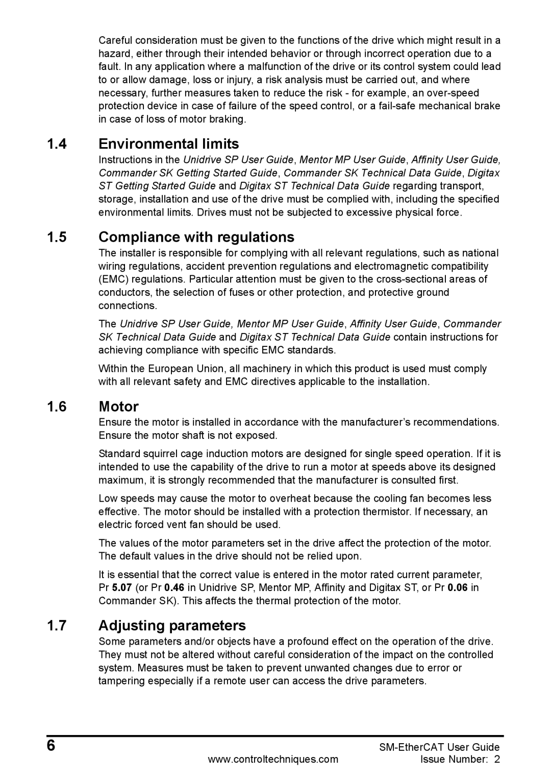 Emerson 0471-0128-02 manual Environmental limits, Compliance with regulations, Motor, Adjusting parameters 