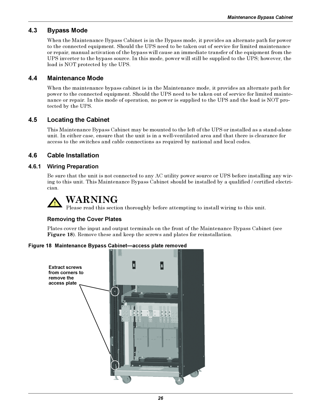 Emerson 10-30kVA, 208V 4.3Bypass Mode, 4.4Maintenance Mode, 4.5Locating the Cabinet, 4.6Cable Installation 