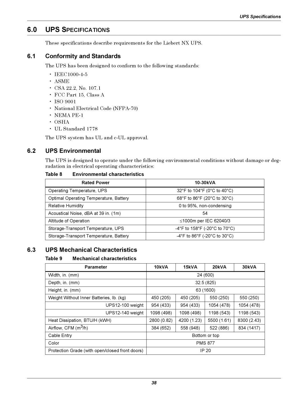 Emerson 10-30kVA, 208V 6.1Conformity and Standards, 6.2UPS Environmental, 6.3UPS Mechanical Characteristics 