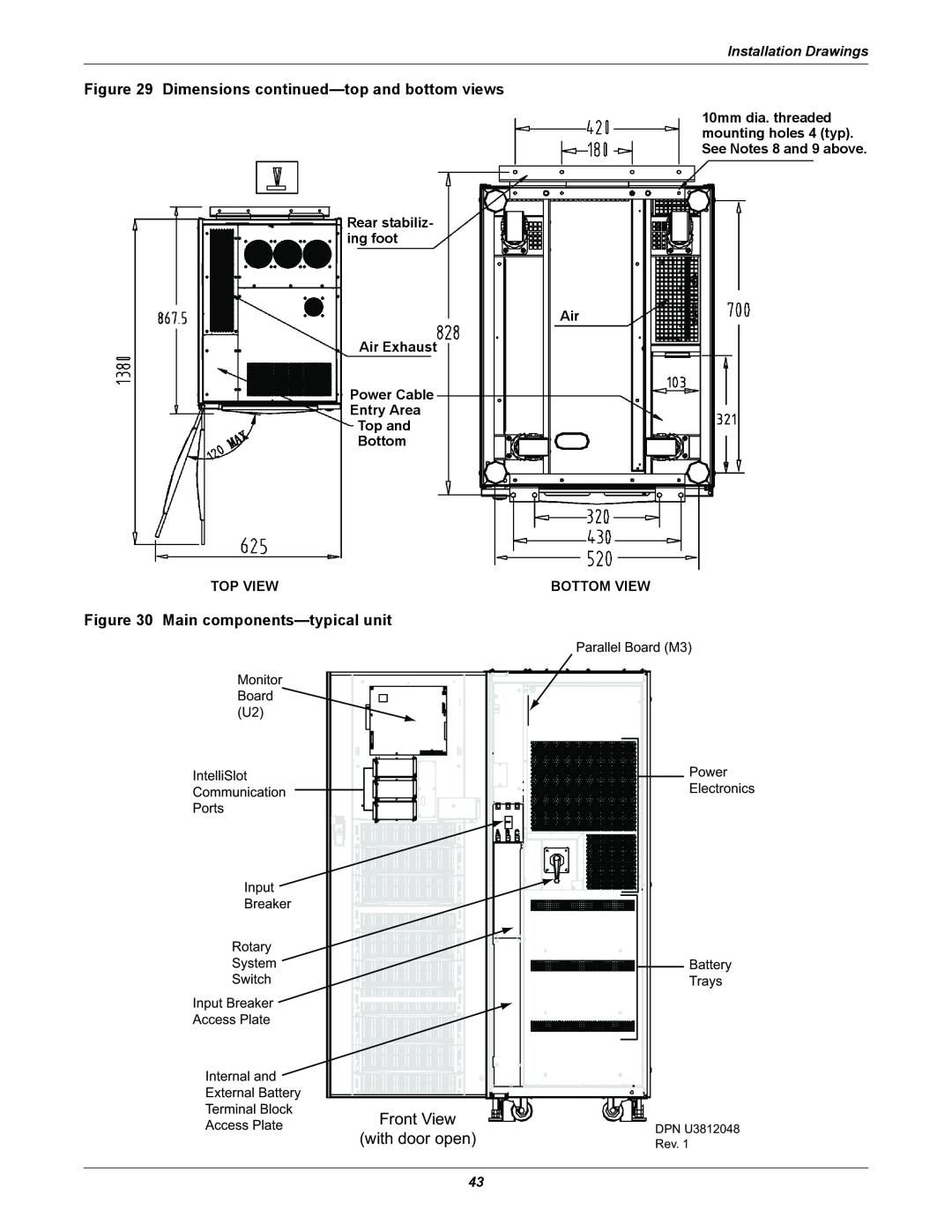Emerson 208V, 10-30kVA installation manual Main components-typicalunit, Front View, with door open, Installation Drawings 