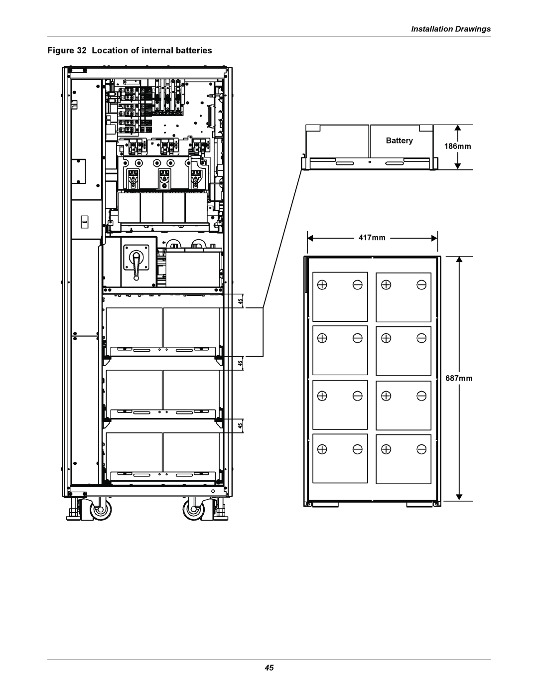 Emerson 208V, 10-30kVA installation manual Location of internal batteries, Installation Drawings 