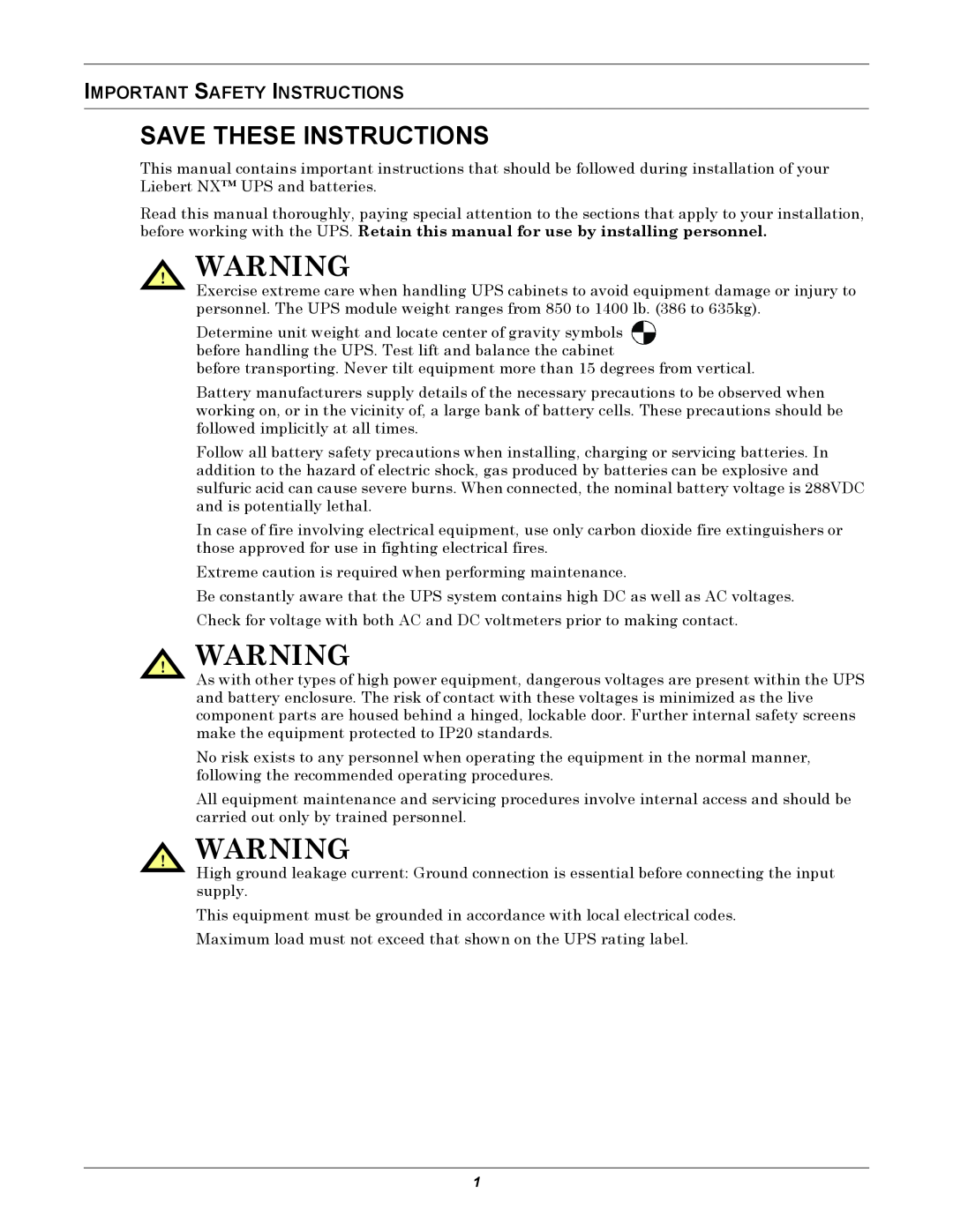 Emerson 208V, 10-30kVA installation manual Save These Instructions, Important Safety Instructions 
