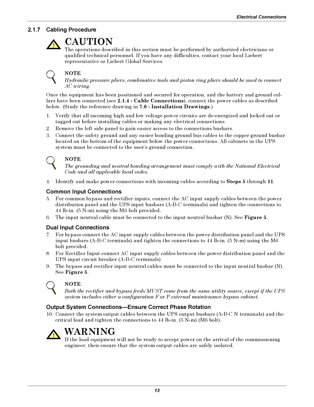 Emerson 208V, 10-30kVA installation manual Cabling Procedure, Common Input Connections, Dual Input Connections 