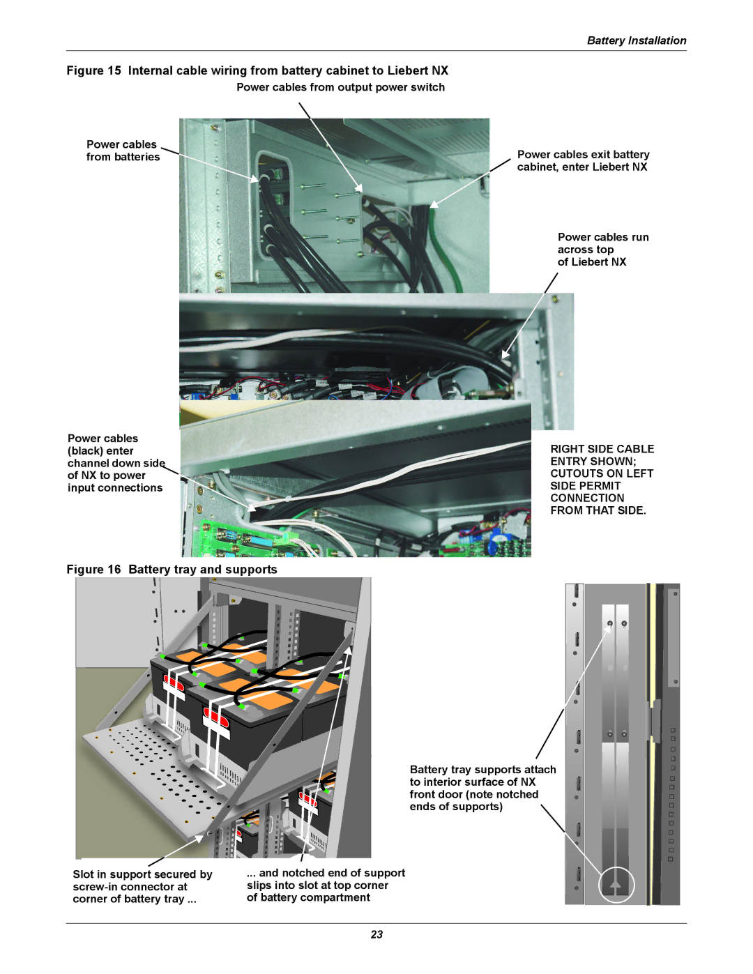 Emerson 208V, 10-30kVA Battery tray supports attach, To interior surface of NX, Front door note notched, Ends of supports 