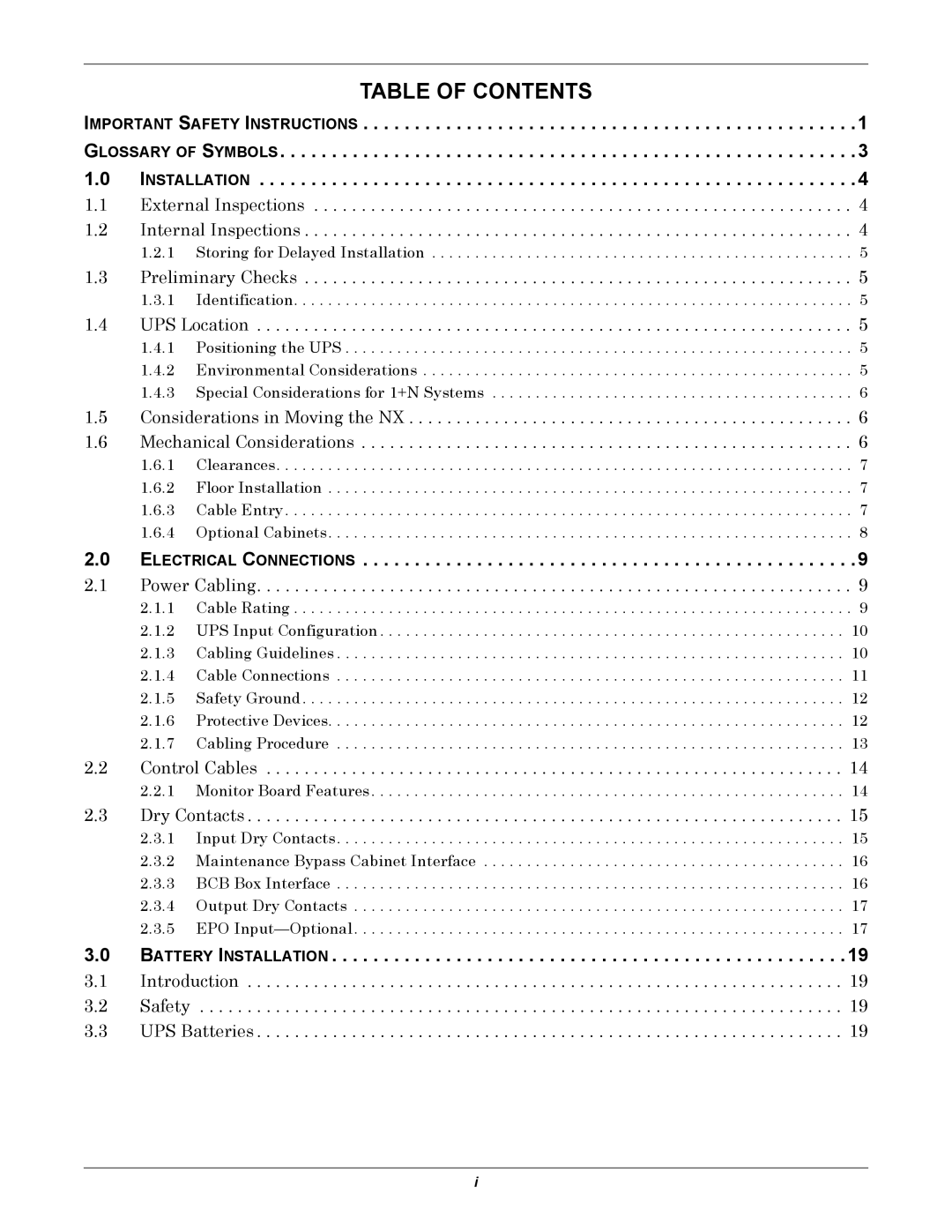 Emerson 208V, 10-30kVA installation manual Table of Contents 