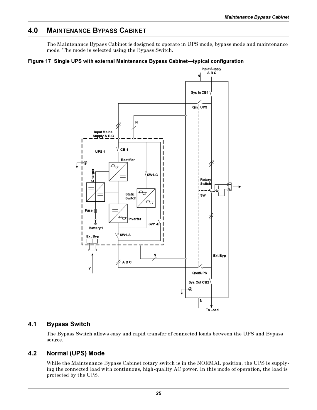 Emerson 208V, 10-30kVA installation manual Bypass Switch, Normal UPS Mode 