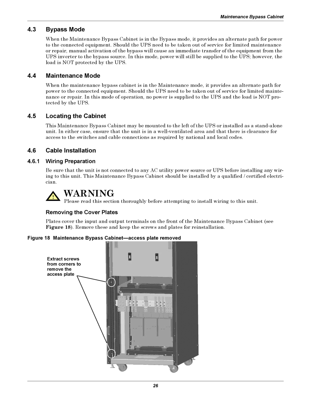 Emerson 10-30kVA, 208V installation manual Bypass Mode, Maintenance Mode, Locating the Cabinet, Cable Installation 