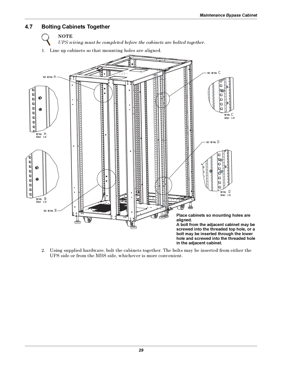 Emerson 208V, 10-30kVA installation manual Bolting Cabinets Together, Line up cabinets so that mounting holes are aligned 