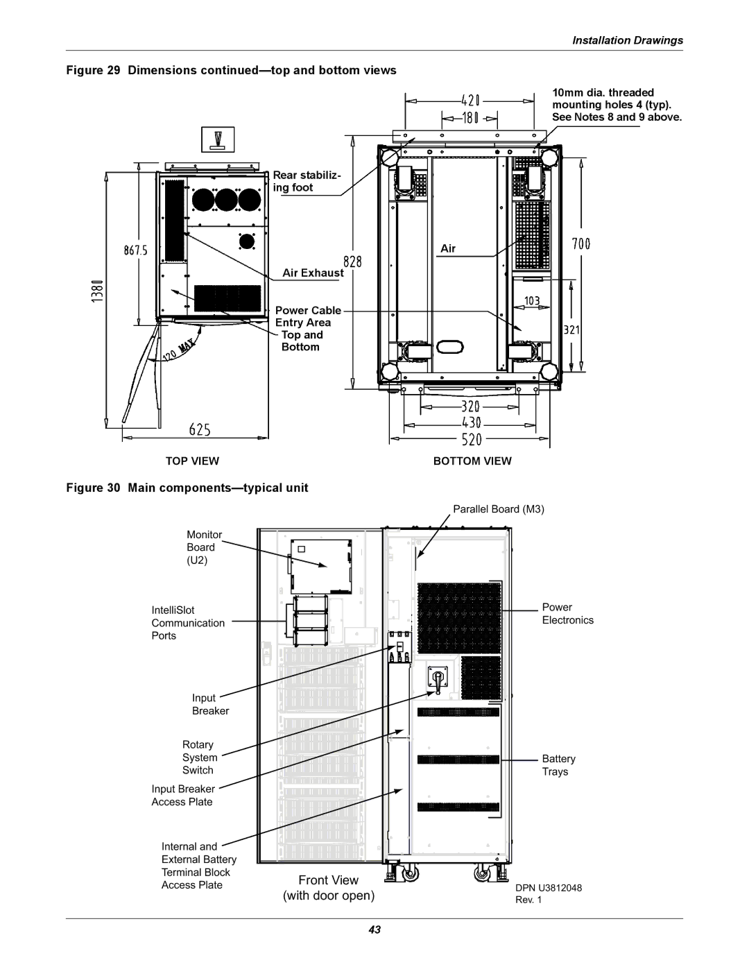 Emerson 208V, 10-30kVA installation manual Dimensions -top and bottom views, Main components-typical unit 