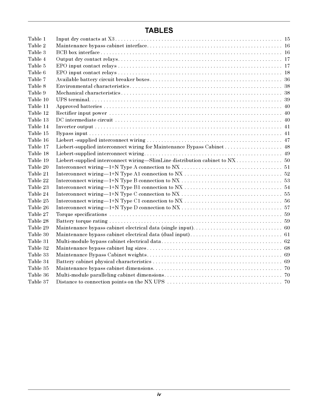 Emerson 10-30kVA, 208V installation manual Tables 