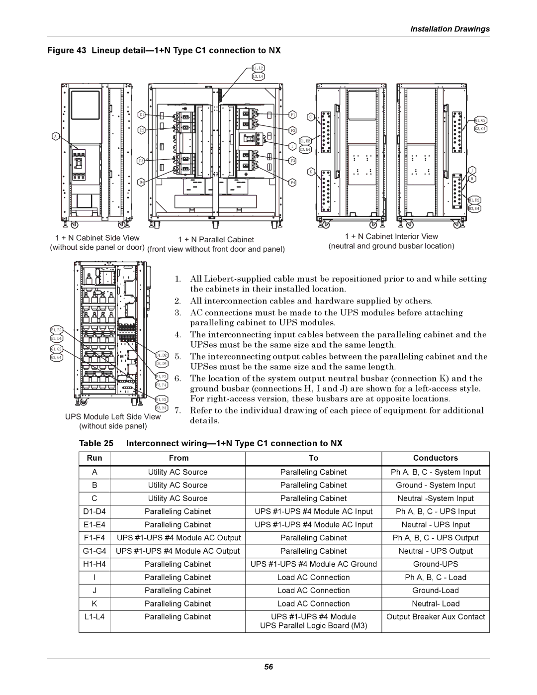 Emerson 10-30kVA, 208V Interconnect wiring-1+N Type C1 connection to NX, + N Cabinet Side View + N Parallel Cabinet 