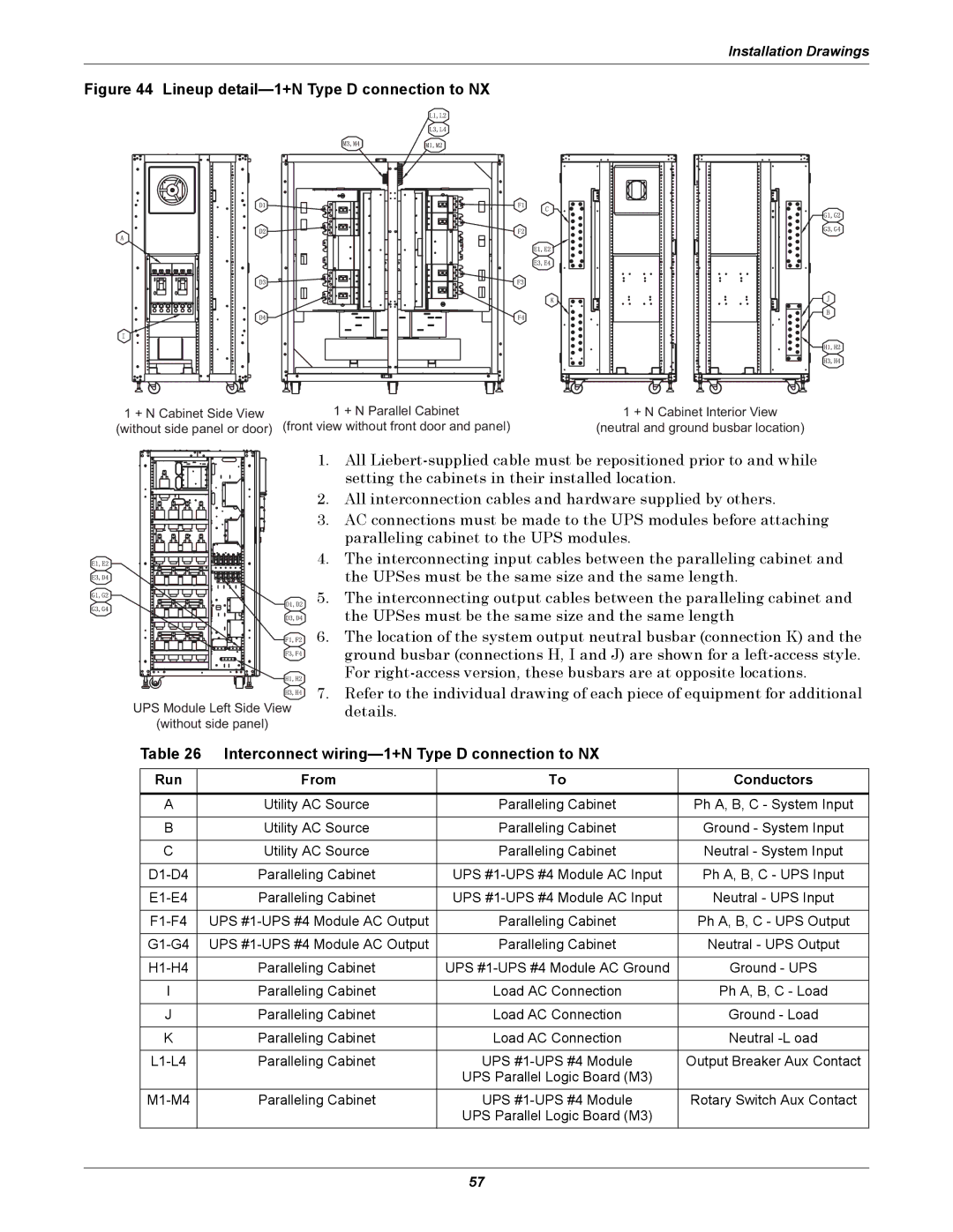 Emerson 208V, 10-30kVA Lineup detail-1+N Type D connection to NX, Interconnect wiring-1+N Type D connection to NX 