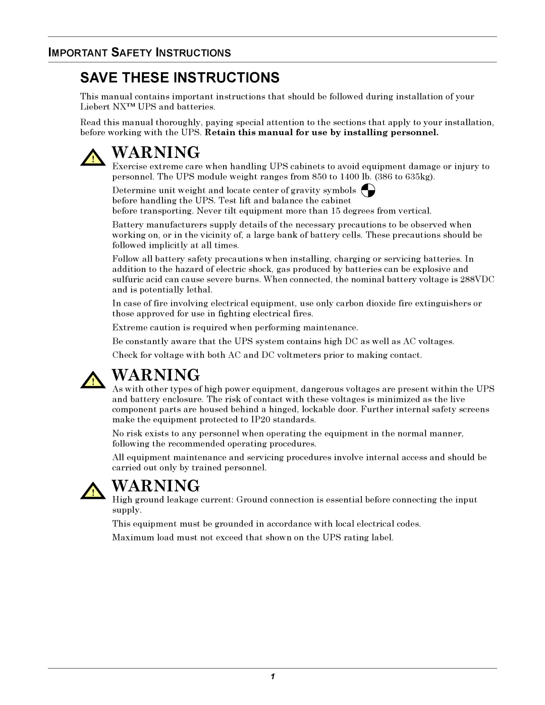 Emerson 208V, 10-30kVA installation manual Important Safety Instructions 