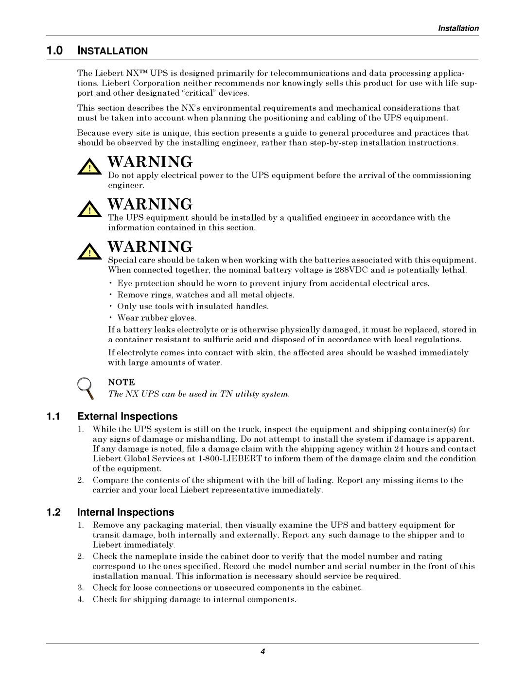 Emerson 10-30kVA installation manual External Inspections, Internal Inspections 