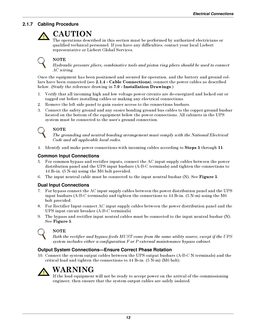 Emerson 10-30kVA installation manual Cabling Procedure, Common Input Connections, Dual Input Connections 