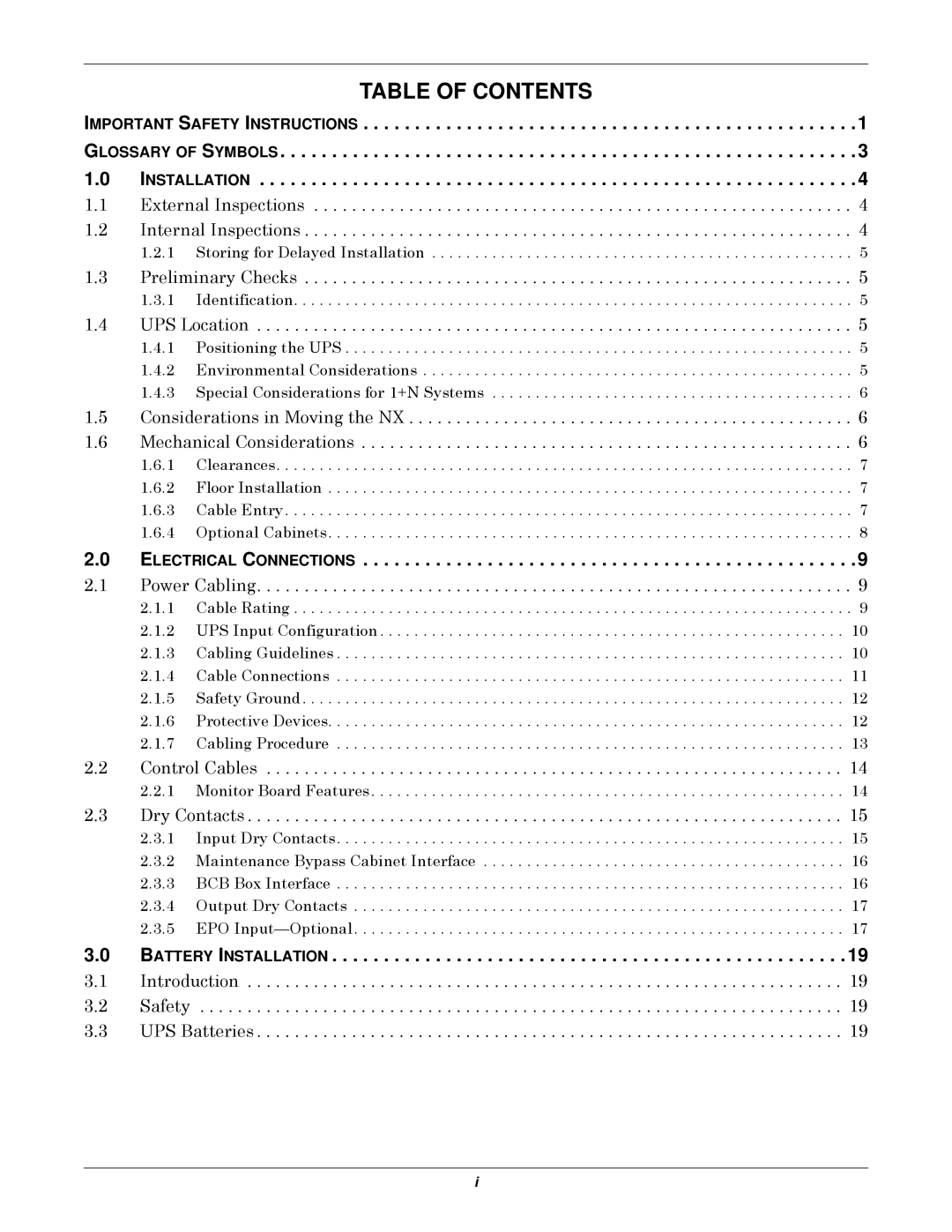 Emerson 10-30kVA installation manual Table of Contents 