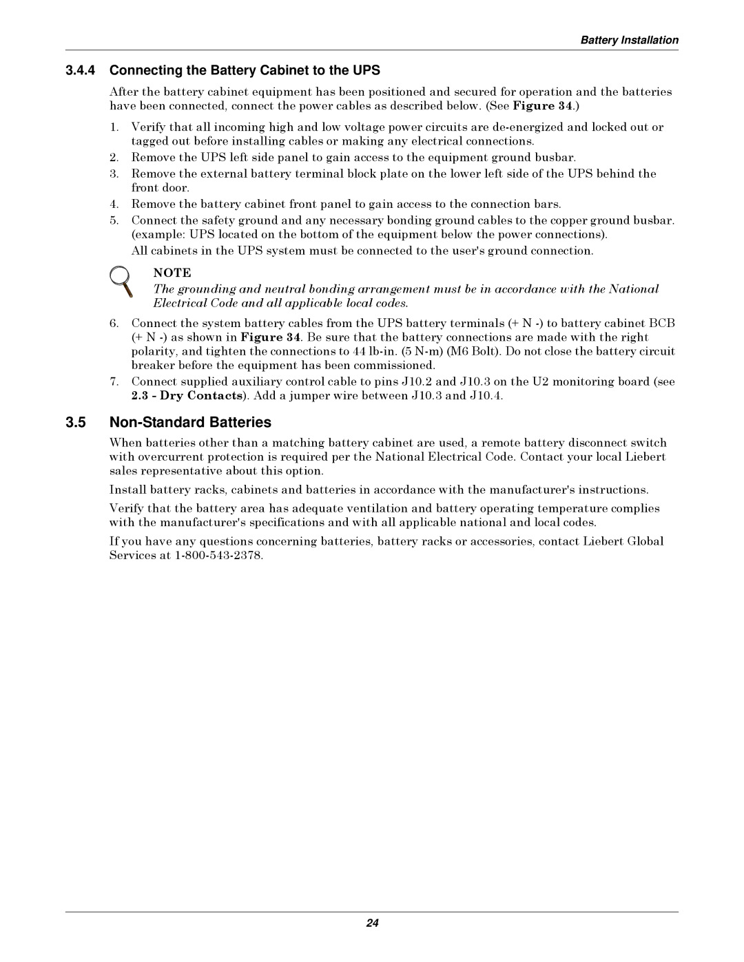 Emerson 10-30kVA installation manual Non-Standard Batteries, Connecting the Battery Cabinet to the UPS 