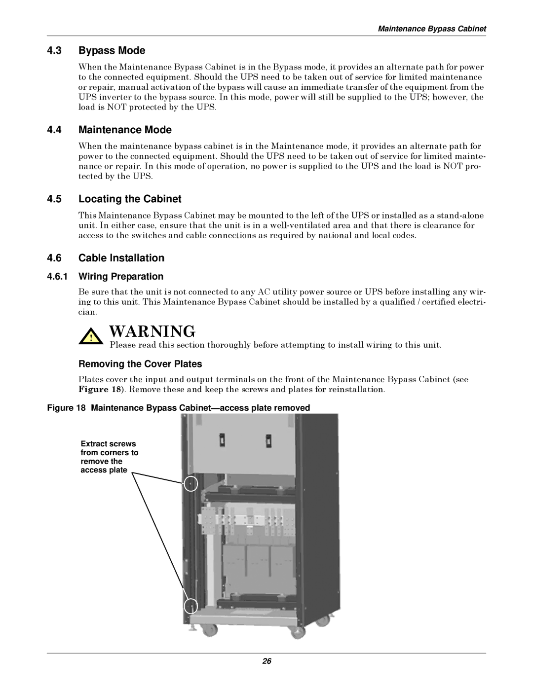 Emerson 10-30kVA installation manual Bypass Mode, Maintenance Mode, Locating the Cabinet, Cable Installation 