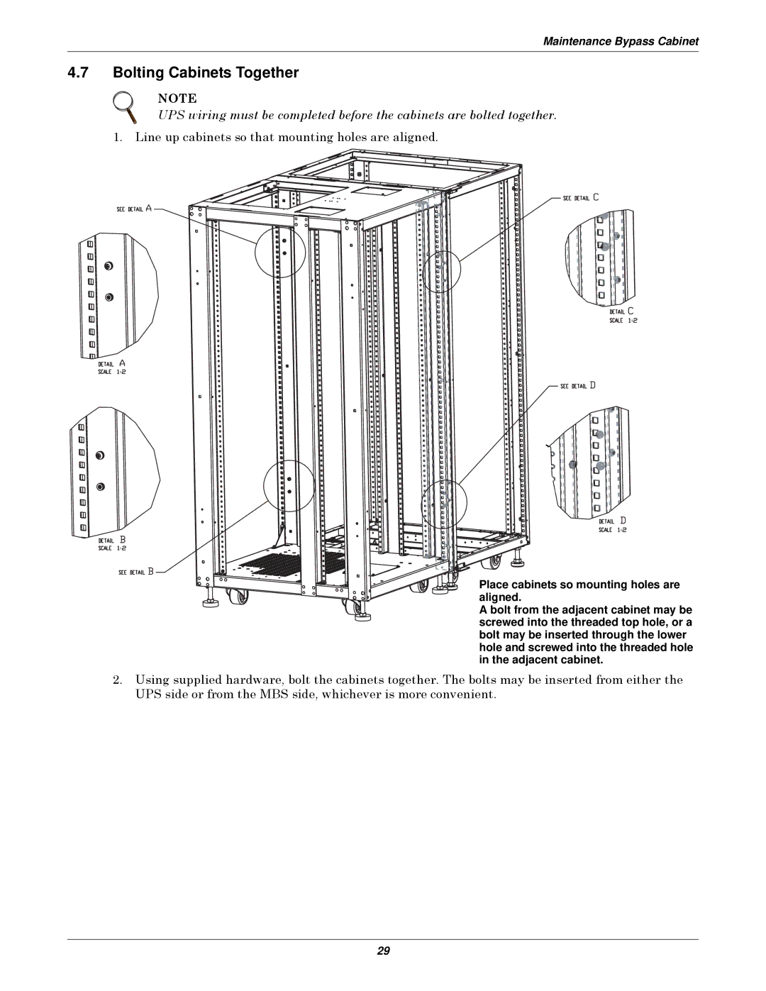 Emerson 10-30kVA installation manual Bolting Cabinets Together, Line up cabinets so that mounting holes are aligned 