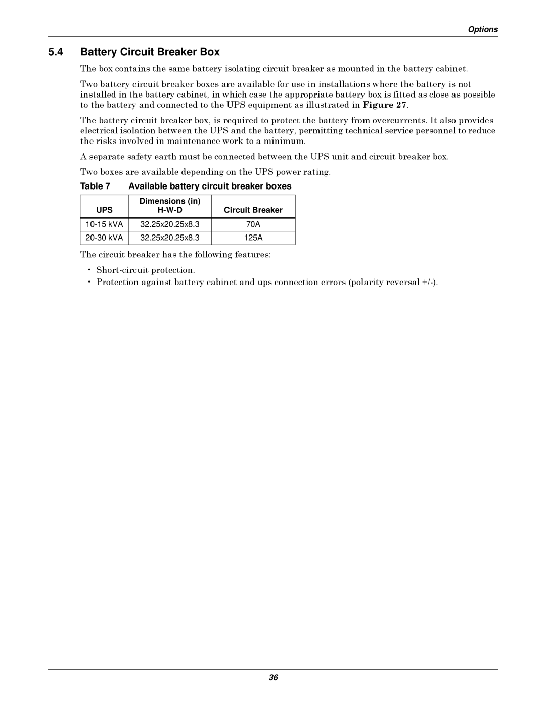 Emerson 10-30kVA installation manual Battery Circuit Breaker Box, Available battery circuit breaker boxes, Dimensions 