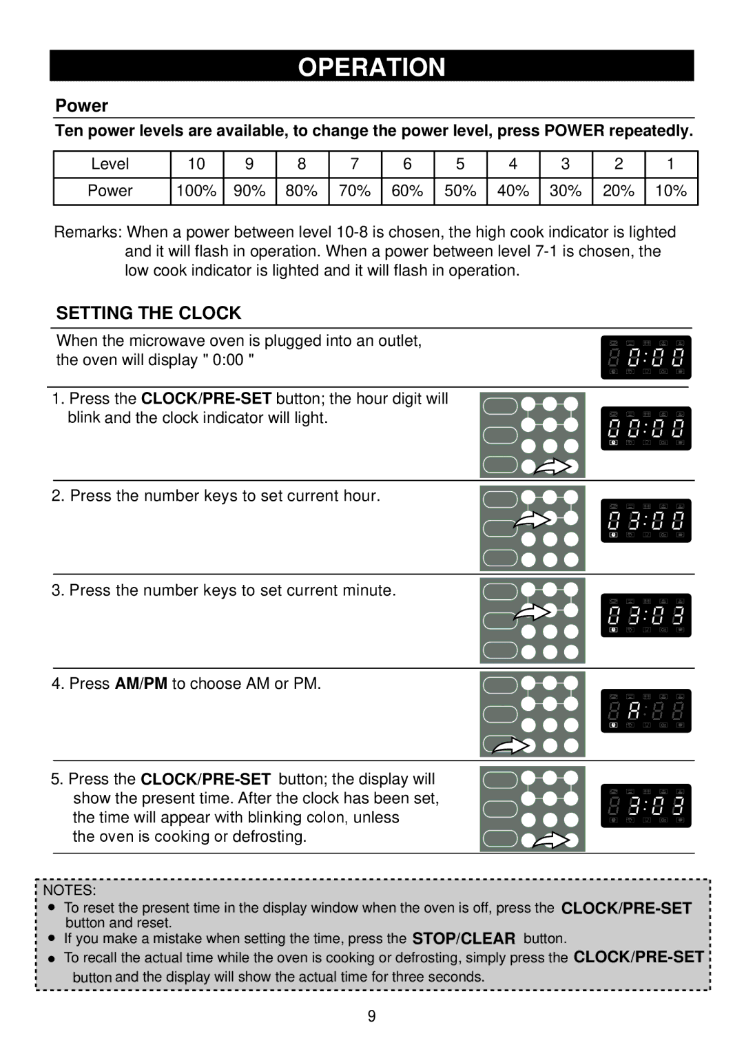 Emerson 1000W owner manual Operation, Setting the Clock 