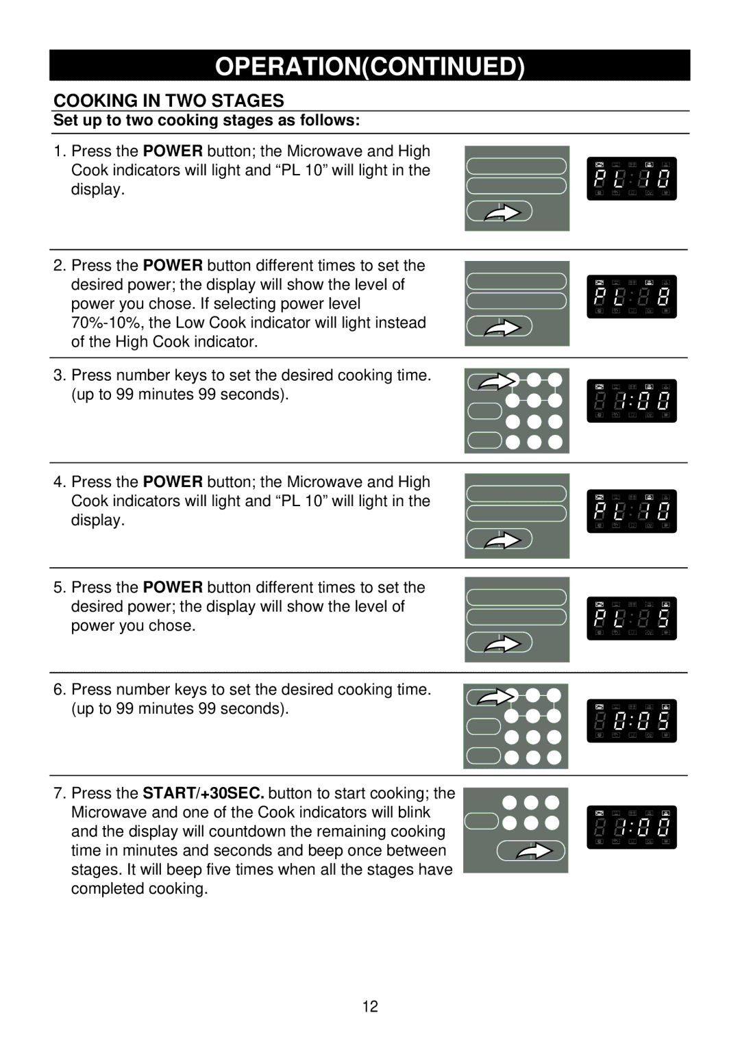 Emerson 1000W owner manual Cooking in TWO Stages, Set up to two cooking stages as follows 