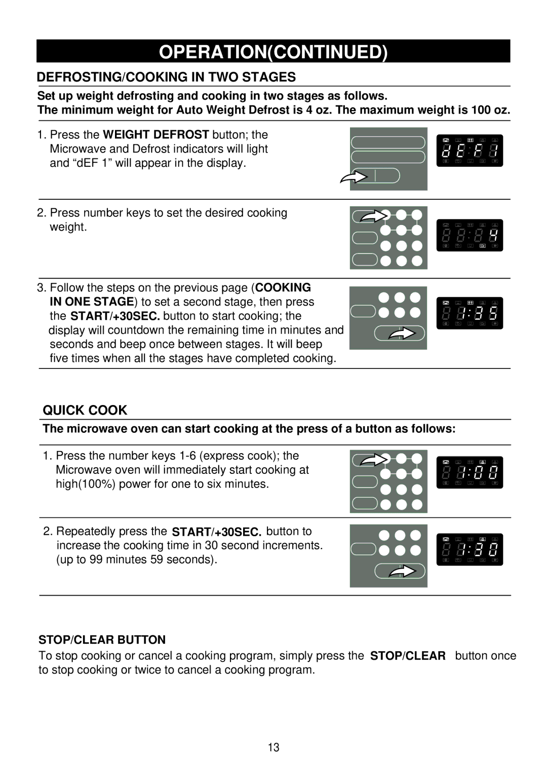 Emerson 1000W owner manual DEFROSTING/COOKING in TWO Stages, Quick Cook 