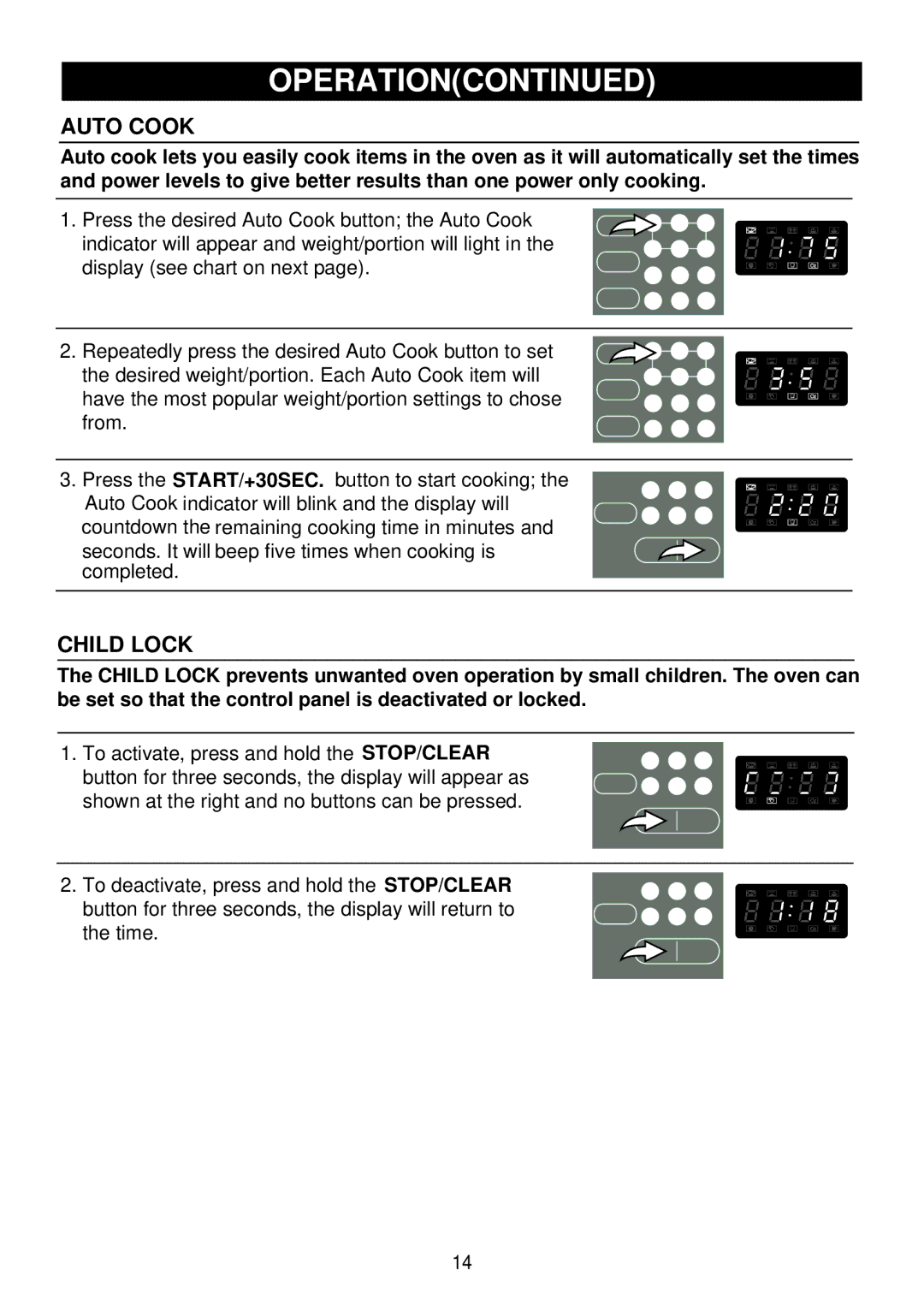 Emerson 1000W owner manual Auto Cook, Child Lock 