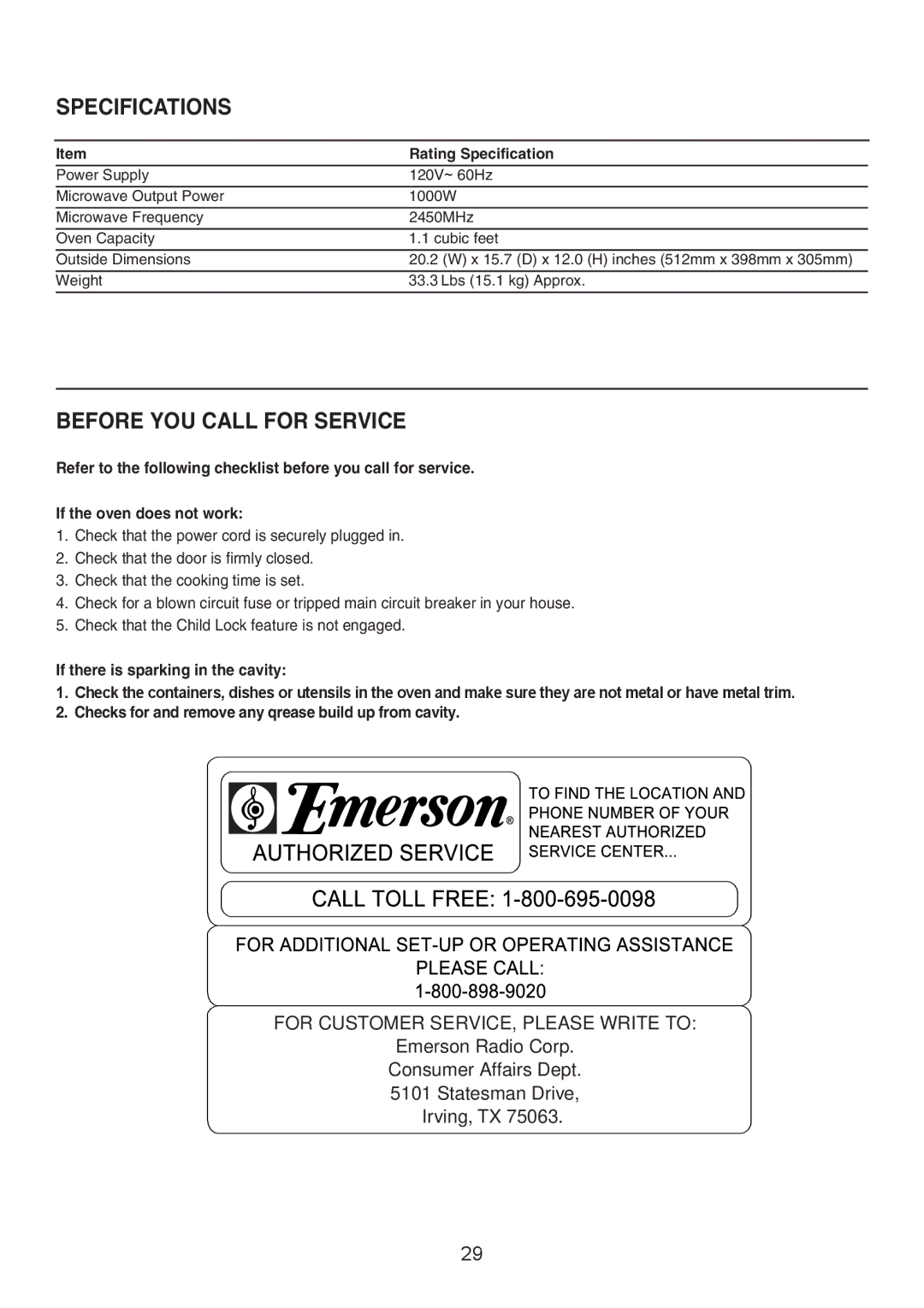 Emerson 1000W owner manual Specifications, Before YOU Call for Service, If there is sparking in the cavity 