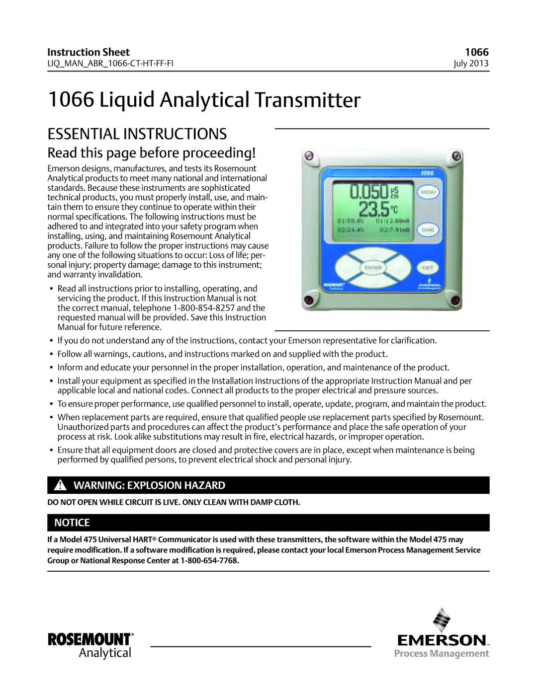 Emerson 1066 instruction sheet Liquid Analytical Transmitter 