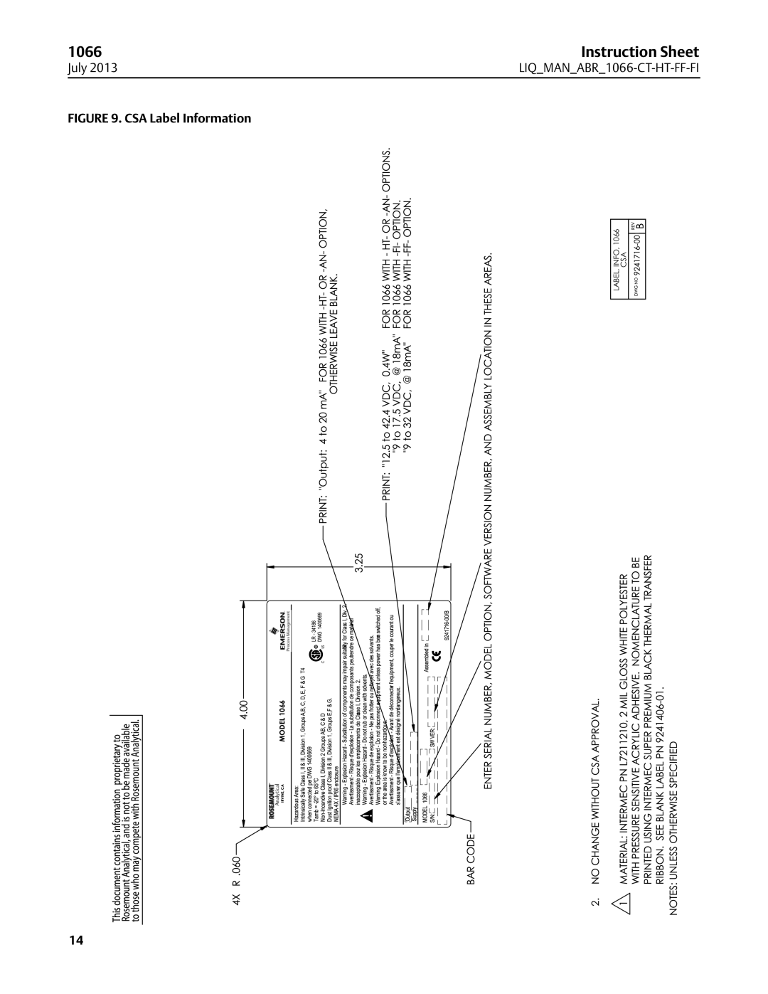 Emerson 1066 instruction sheet CSA Label Information 