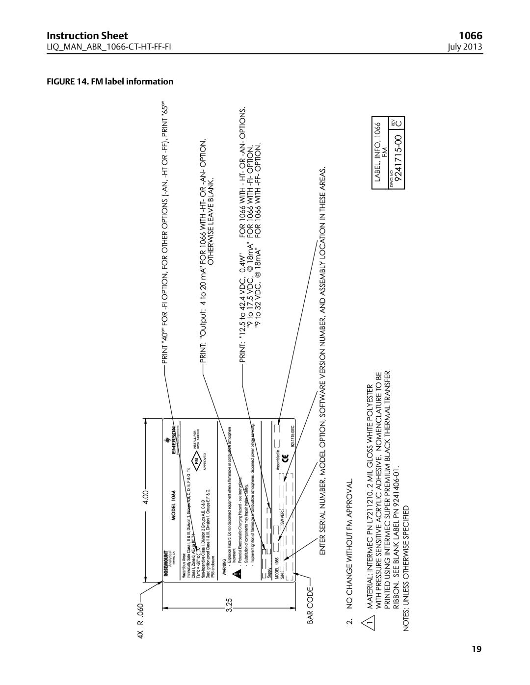 Emerson 1066 instruction sheet FM label information 